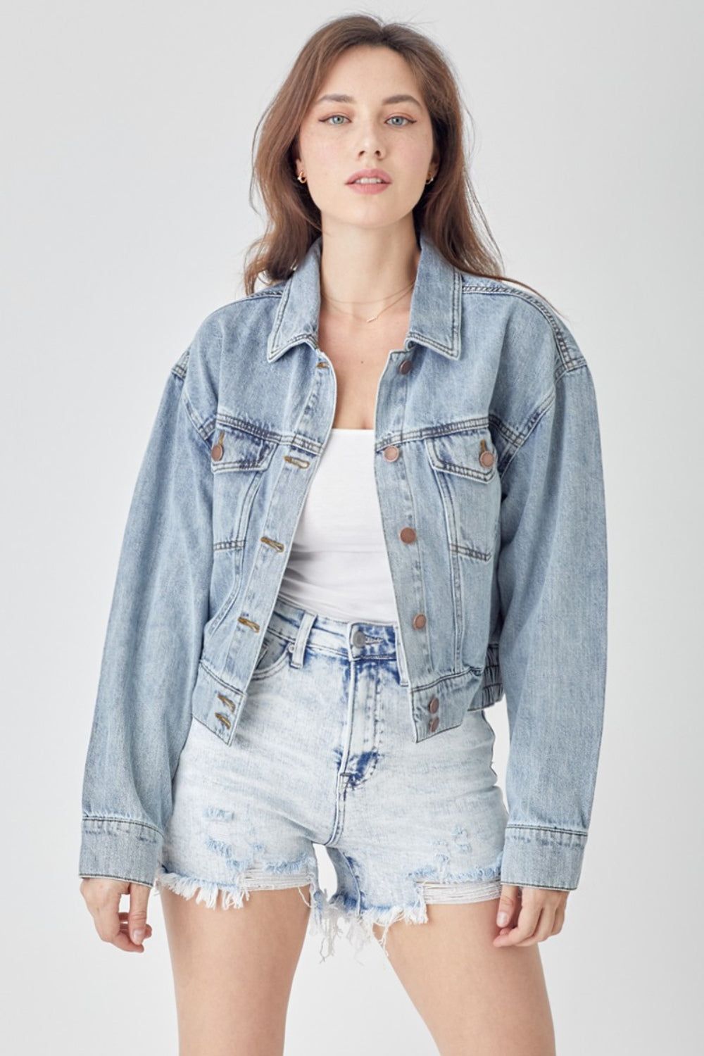 RISEN Full Size Button Down Cropped Denim Jacket us.meeeshop - Coats & Jackets