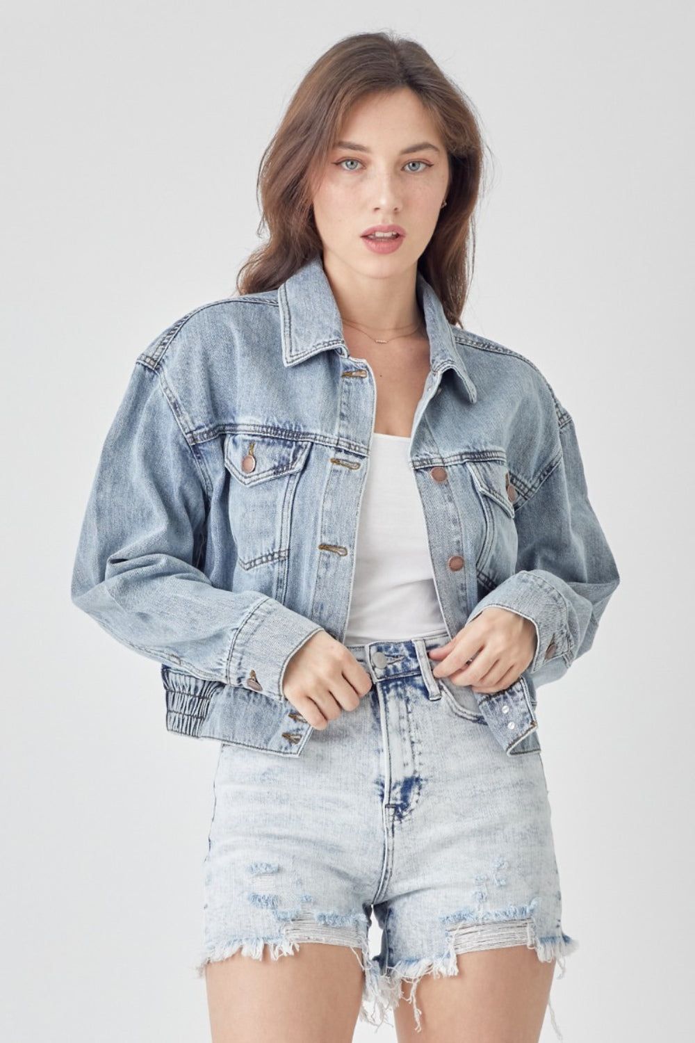 RISEN Full Size Button Down Cropped Denim Jacket us.meeeshop - 