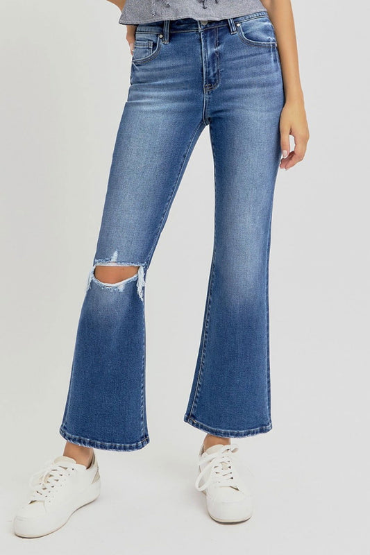 RISEN Full Size Distressed High Rise Crop Flare Jeans us.meeeshop - Pants