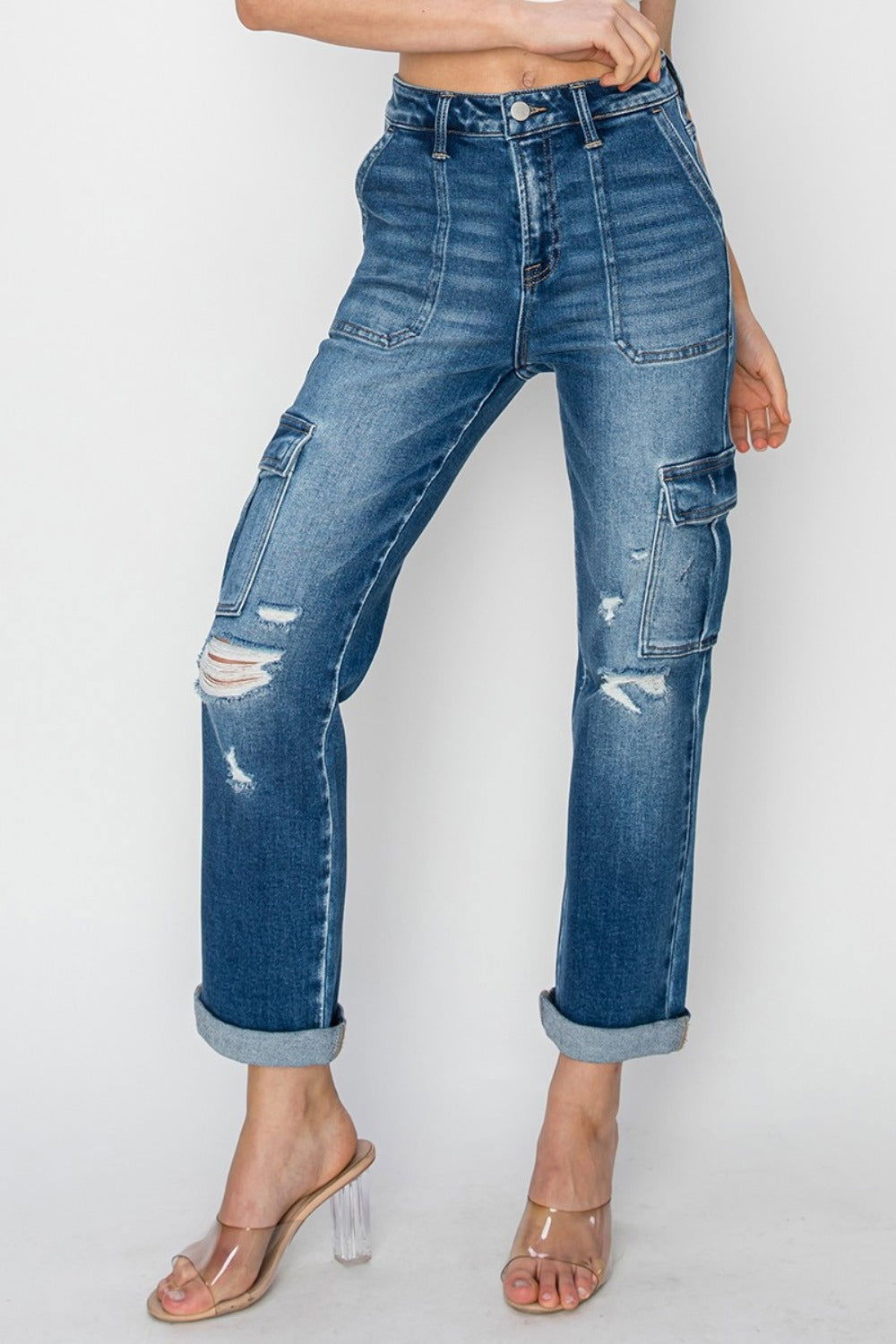 RISEN Full Size High Rise Cargo Ankle Roll Up Straight Jeans us.meeeshop - 