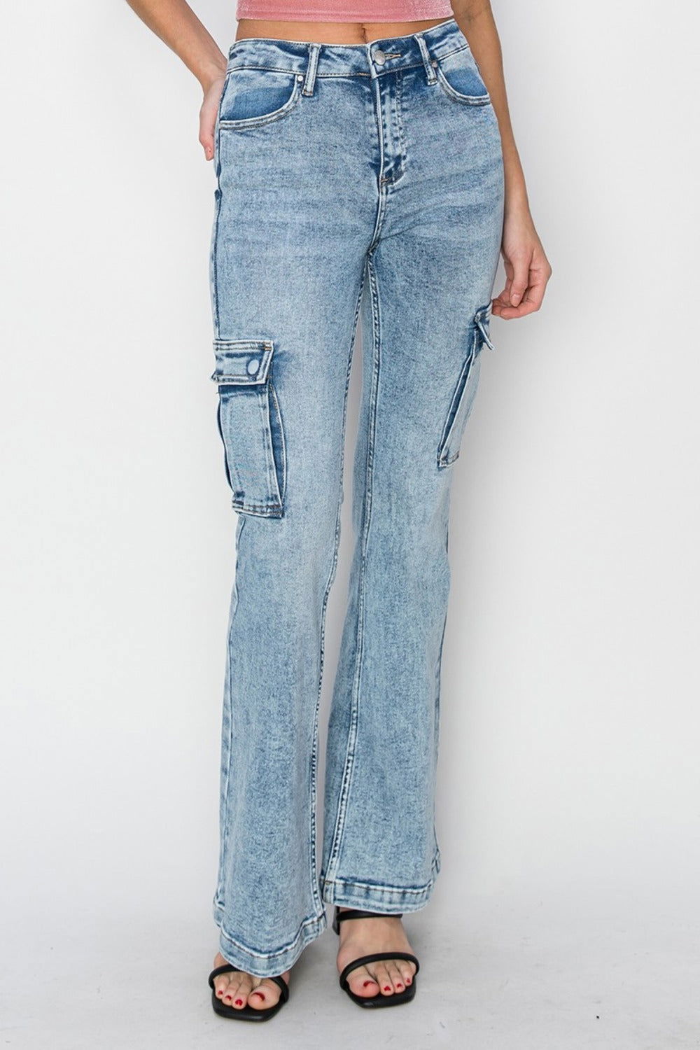 RISEN Full Size High Rise Cargo Flare Jeans us.meeeshop - 