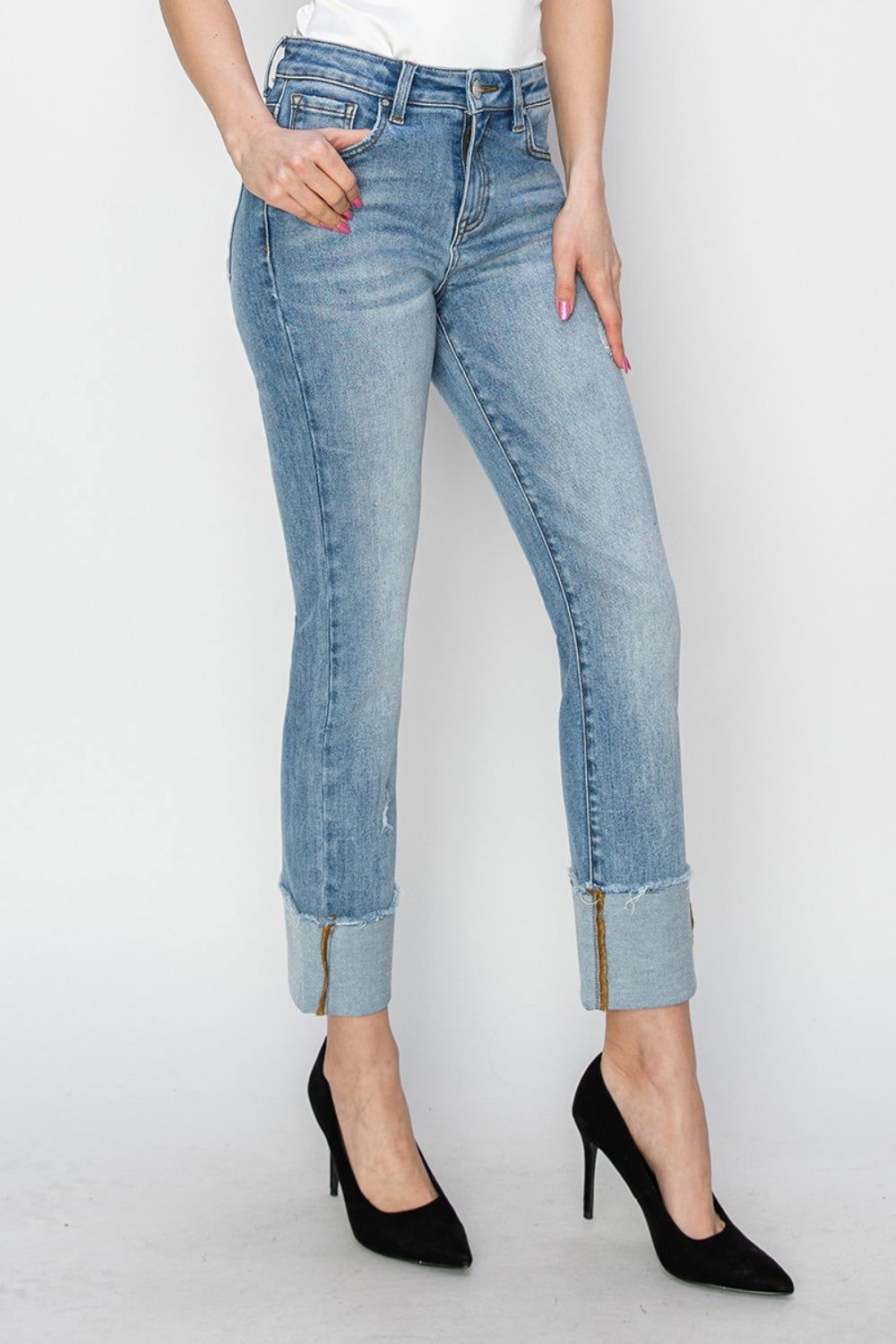 RISEN Full Size High Rise Cuffed Slim Straight Jeans us.meeeshop - 