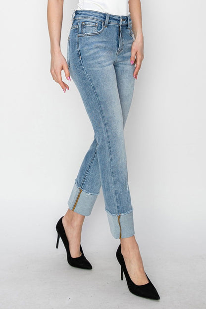 RISEN Full Size High Rise Cuffed Slim Straight Jeans us.meeeshop - 