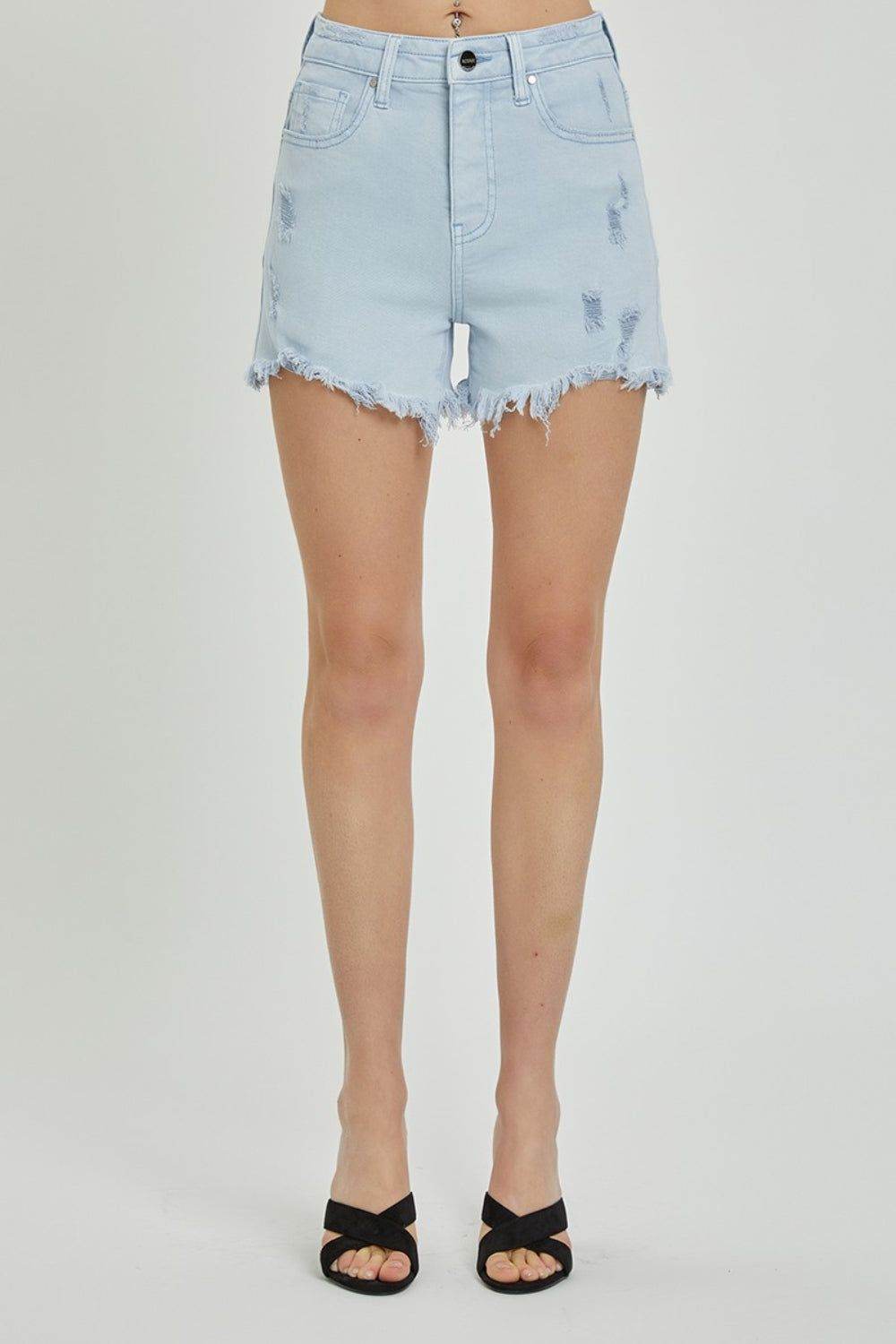 RISEN Full Size High Rise Distressed Detail Denim Shorts - us.meeeshop