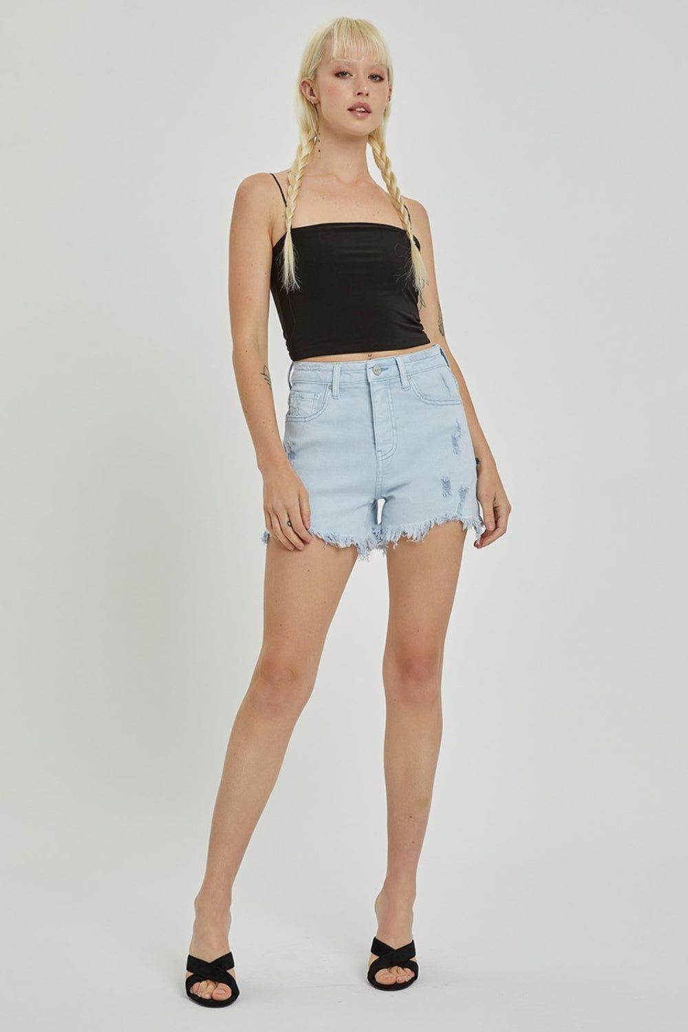 RISEN Full Size High Rise Distressed Detail Denim Shorts - us.meeeshop