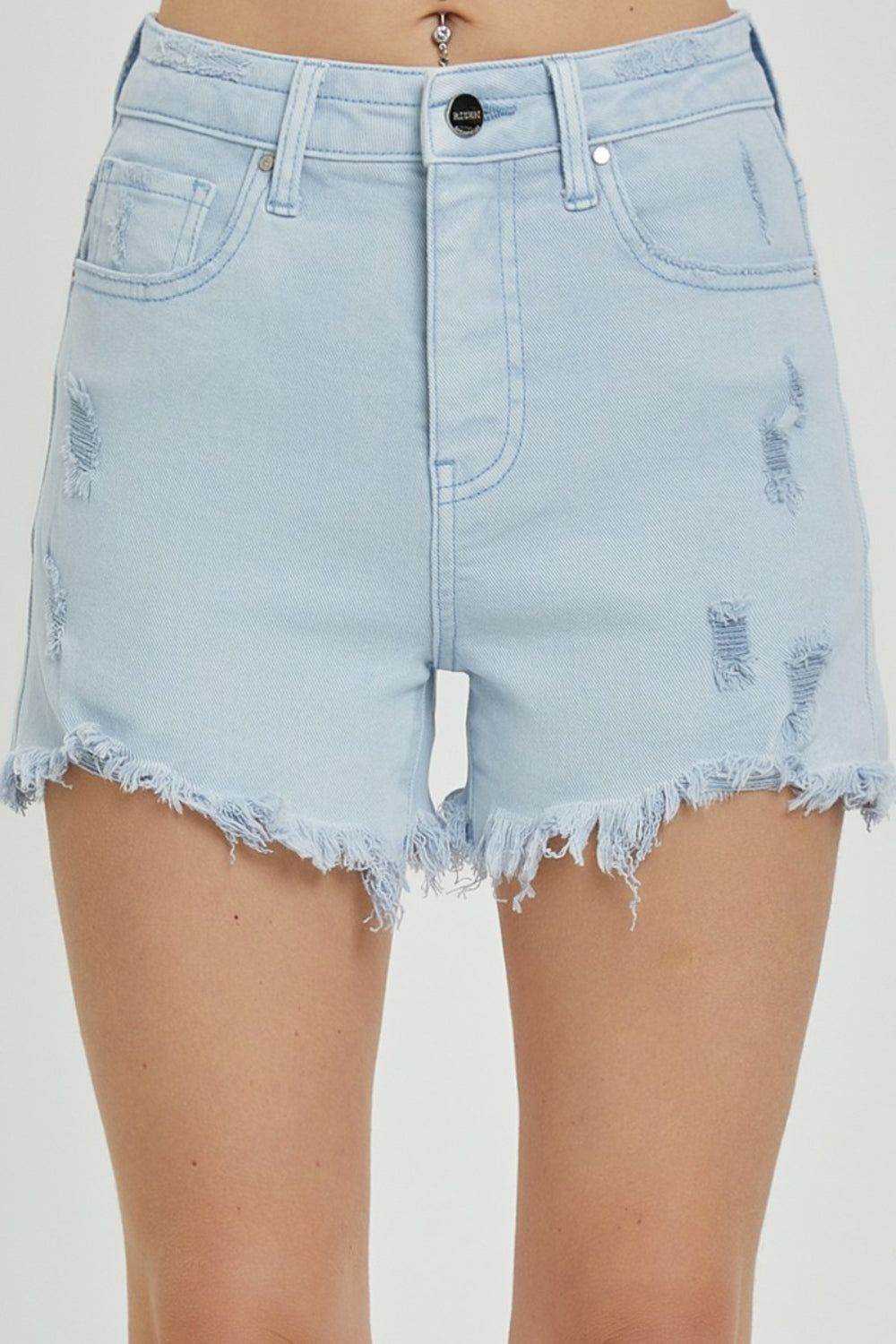 RISEN Full Size High Rise Distressed Detail Denim Shorts - us.meeeshop