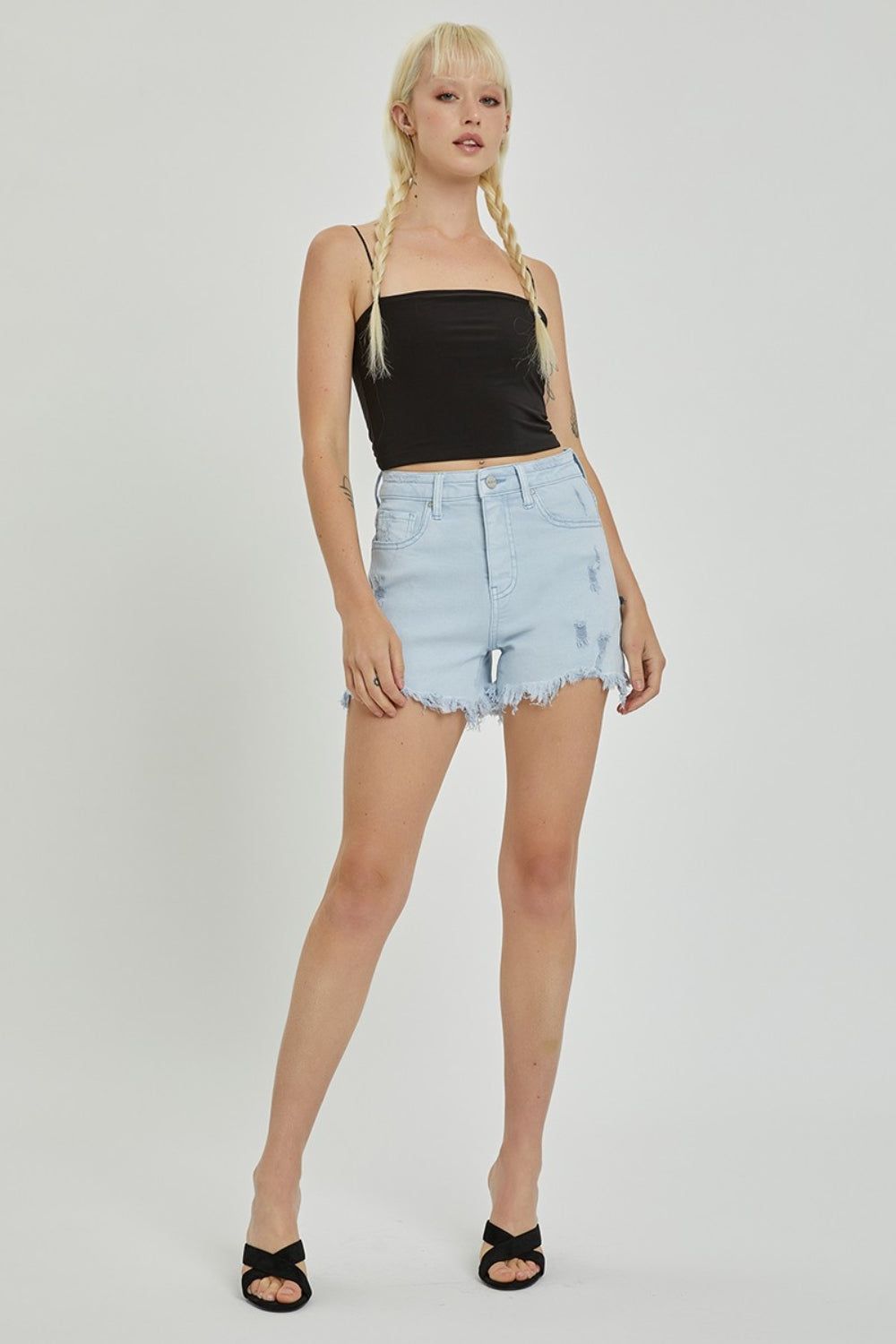 RISEN Full Size High Rise Distressed Detail Denim Shorts us.meeeshop - 