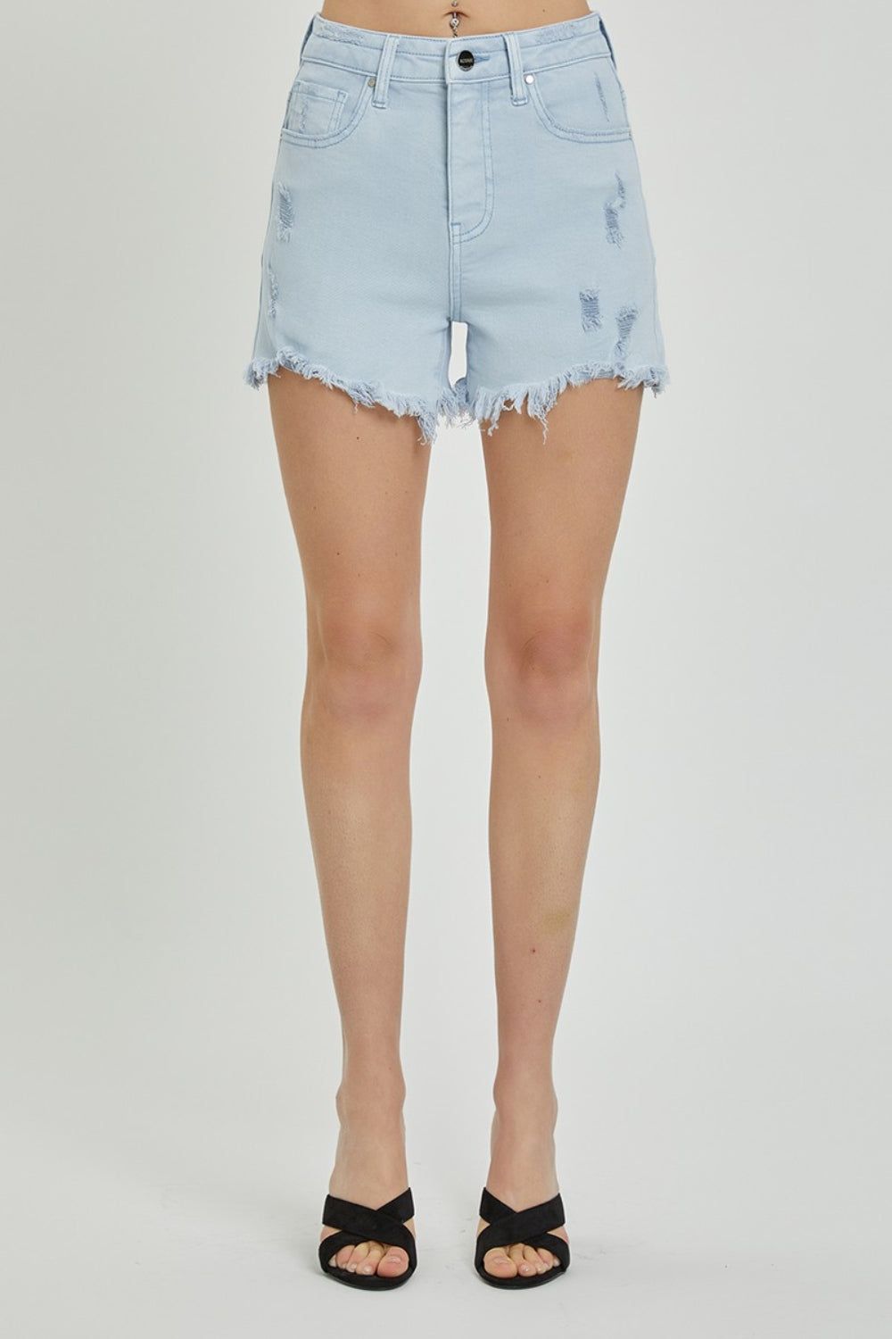 RISEN Full Size High Rise Distressed Detail Denim Shorts us.meeeshop - 