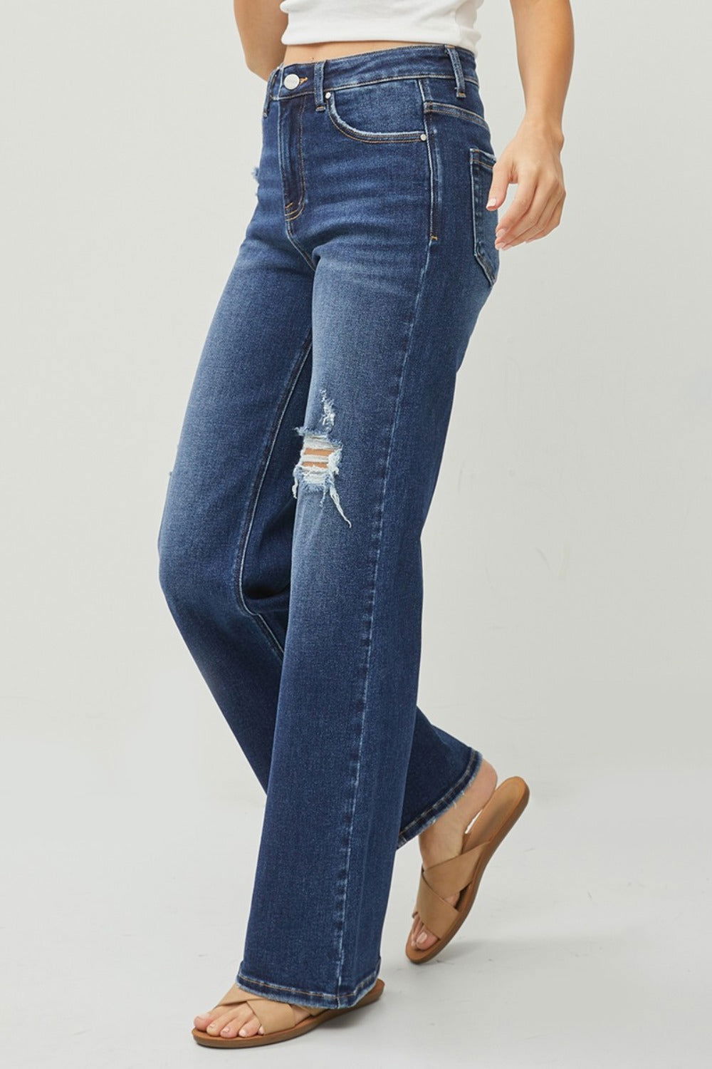 RISEN Full Size High Rise Distressed Wide Leg Jeans us.meeeshop - 