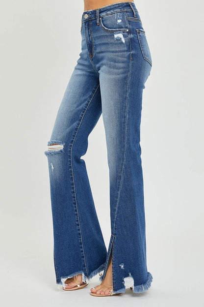 RISEN Full Size High Rise Front Slit Frayed Hem Flare Jeans us.meeeshop - 