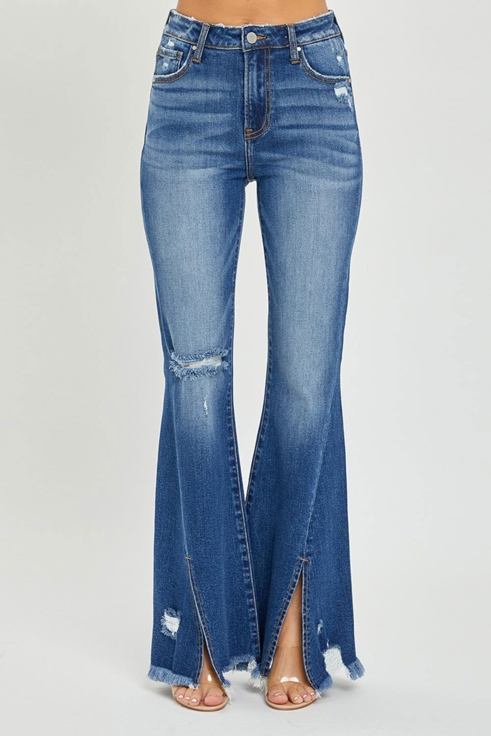 RISEN Full Size High Rise Front Slit Frayed Hem Flare Jeans us.meeeshop - 