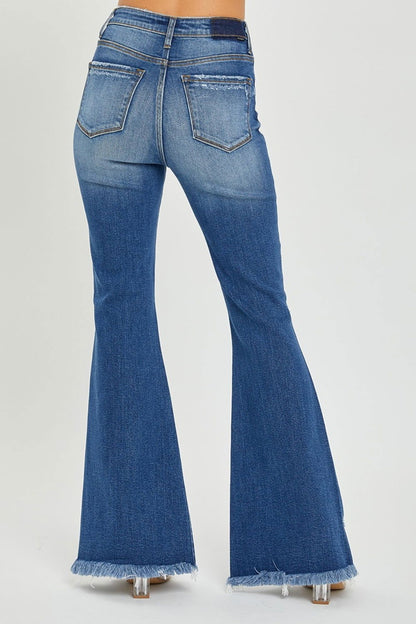 RISEN Full Size High Rise Front Slit Frayed Hem Flare Jeans us.meeeshop - 