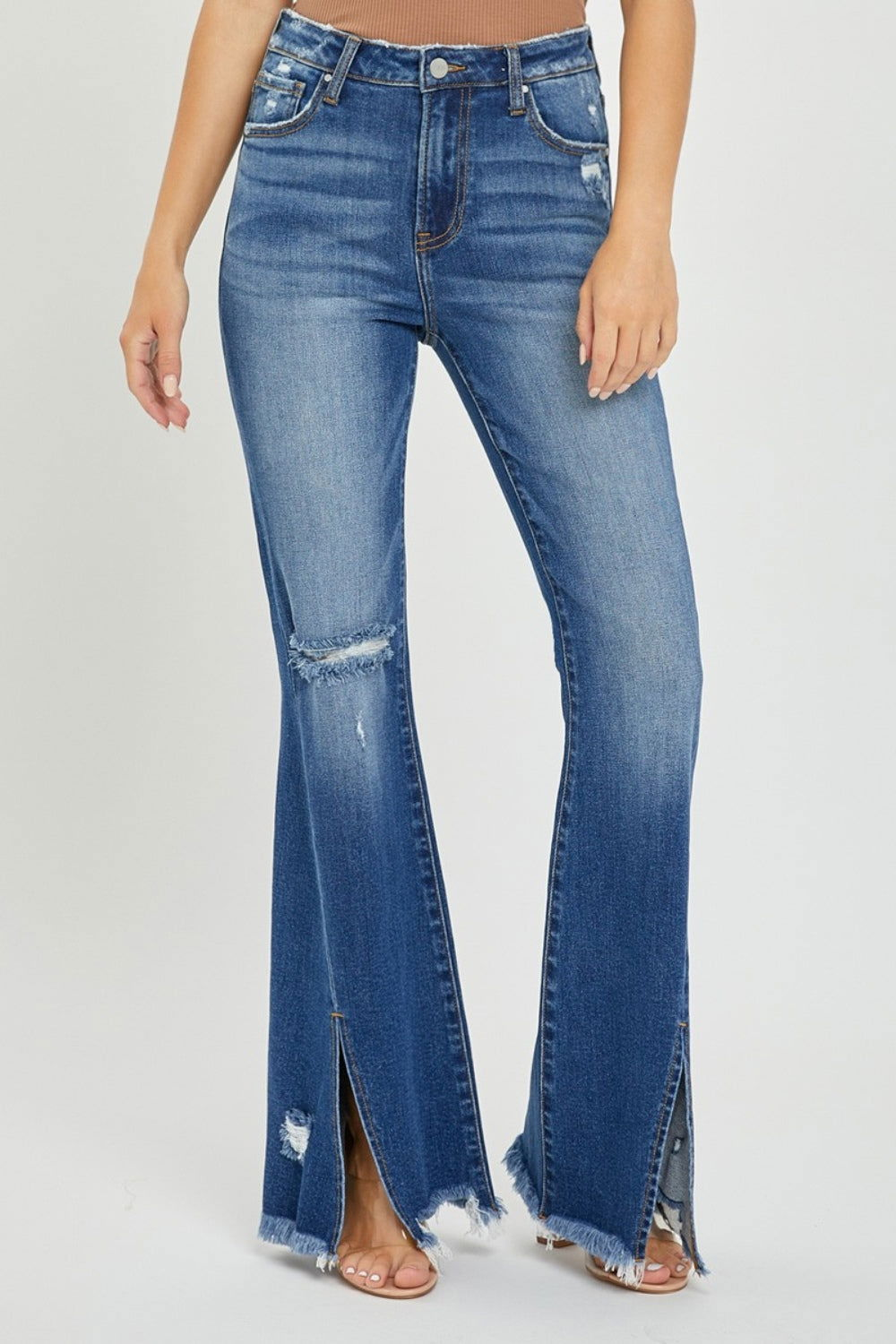 RISEN Full Size High Rise Front Slit Frayed Hem Flare Jeans us.meeeshop - 