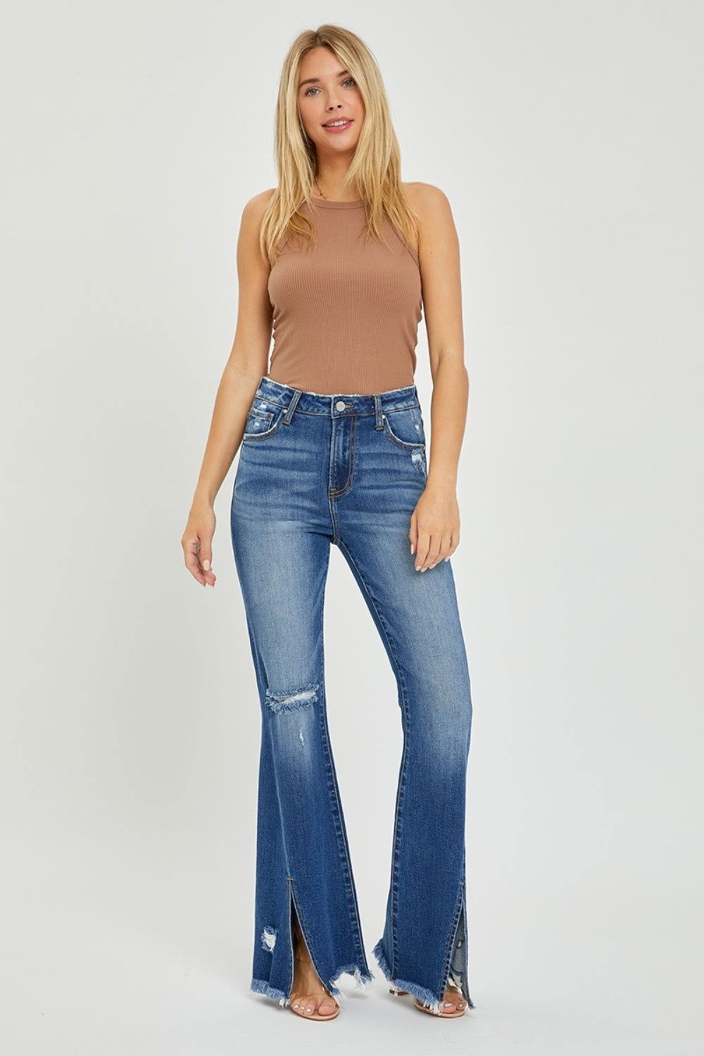 RISEN Full Size High Rise Front Slit Frayed Hem Flare Jeans us.meeeshop - 