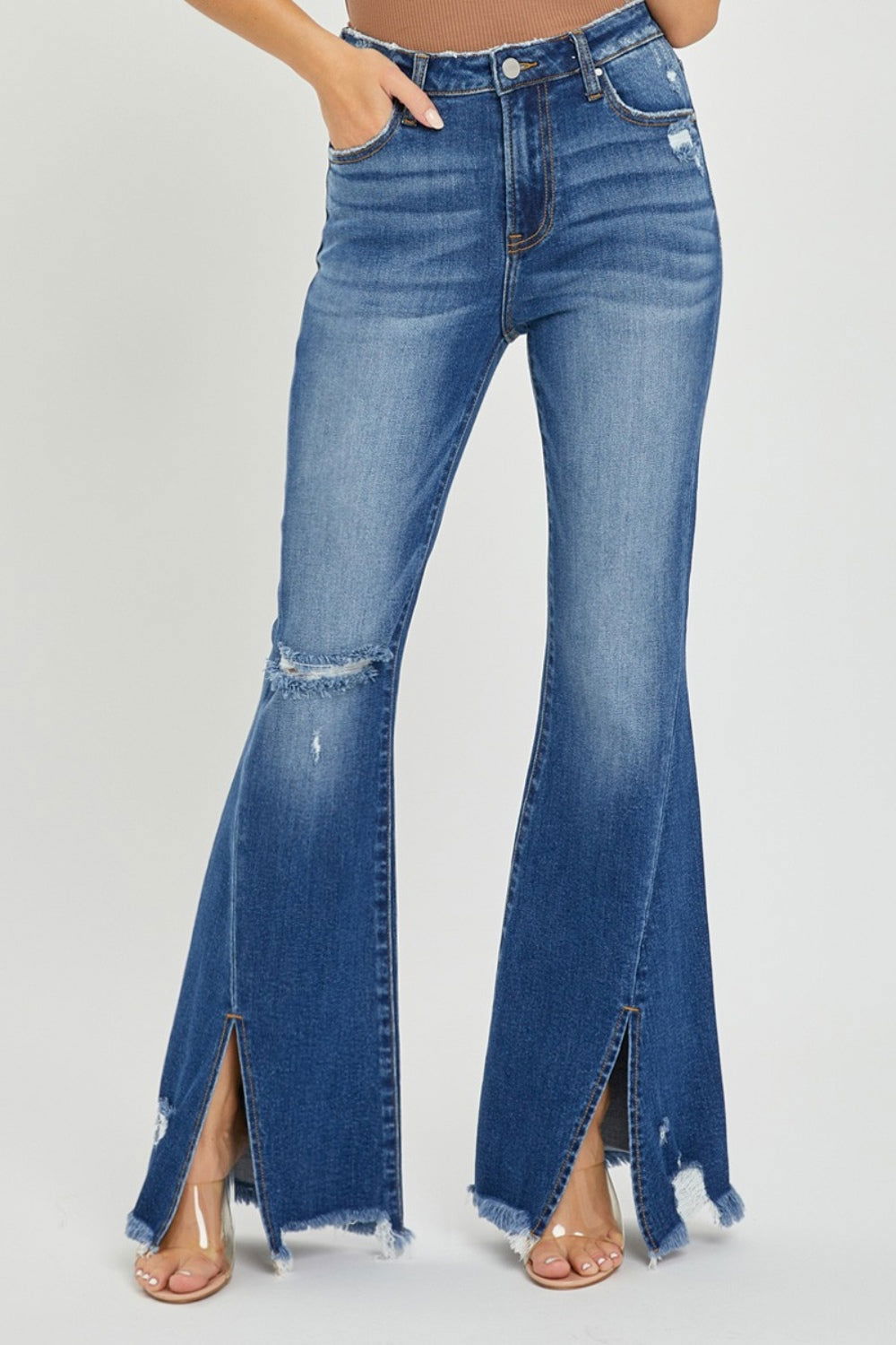 RISEN Full Size High Rise Front Slit Frayed Hem Flare Jeans us.meeeshop - Pants