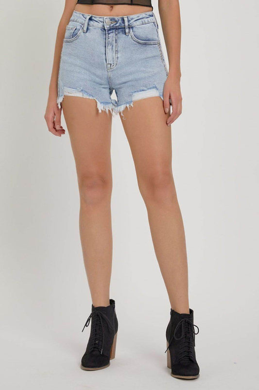 RISEN Full Size High Rise Rhinestone Strap Embellished Denim Shorts - us.meeeshop