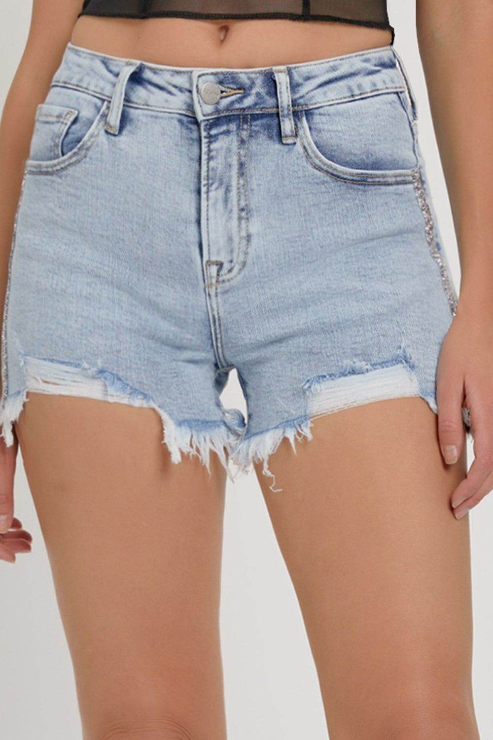 RISEN Full Size High Rise Rhinestone Strap Embellished Denim Shorts - us.meeeshop