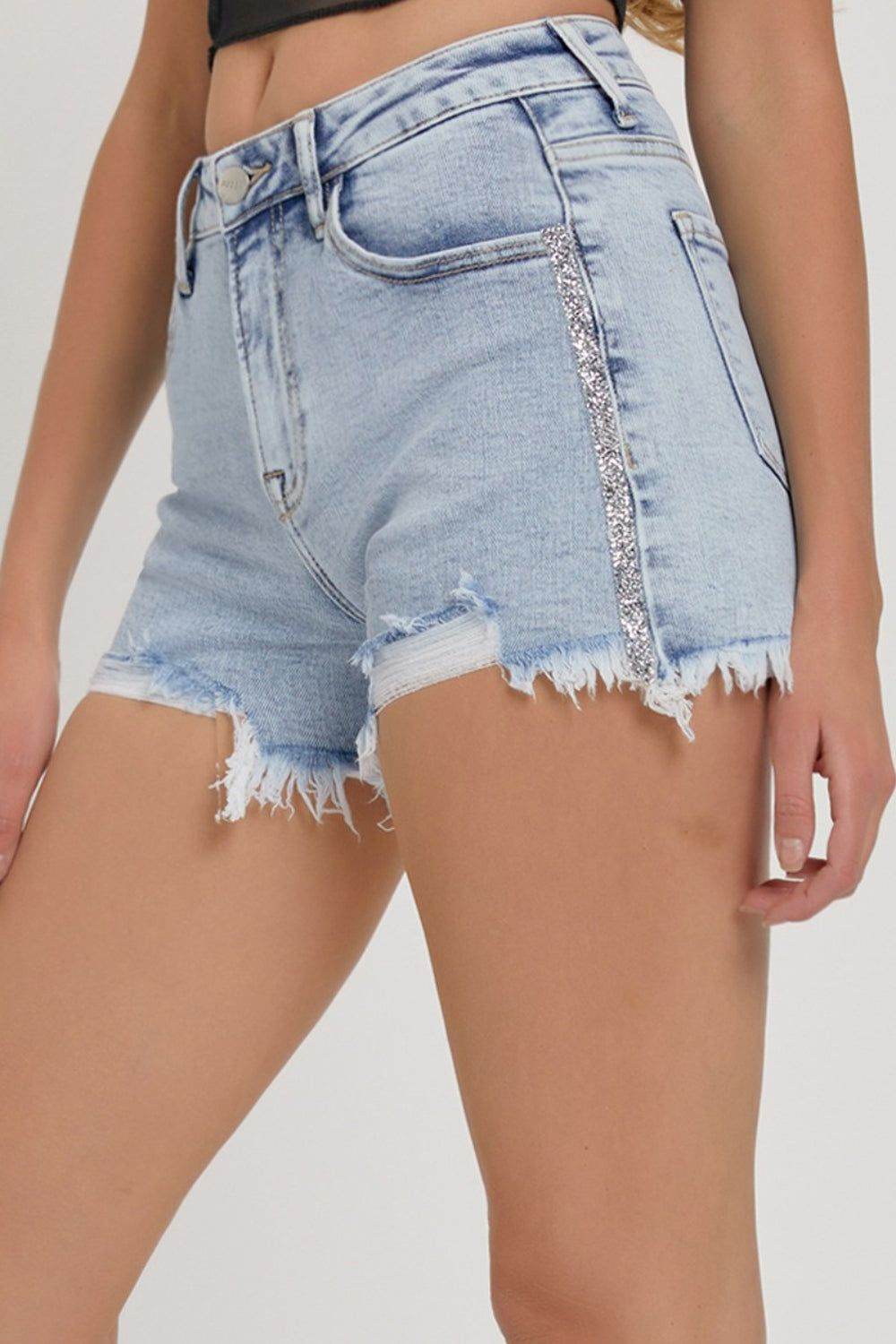 RISEN Full Size High Rise Rhinestone Strap Embellished Denim Shorts - us.meeeshop