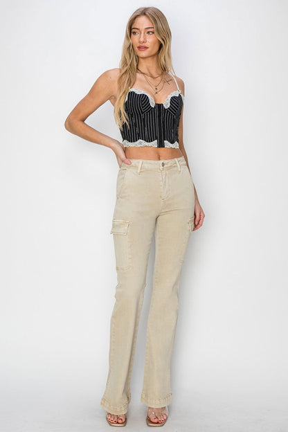 RISEN Full Size High Rise Side Slit Cargo Bootcut Jeans us.meeeshop - 