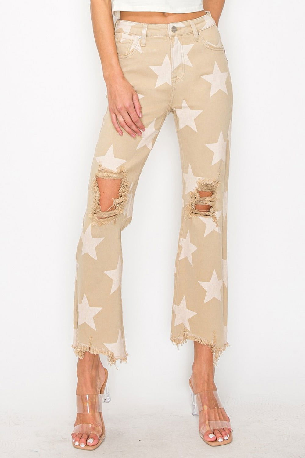 RISEN Full Size High Rise Star Printed Frayed Hem Jeans us.meeeshop - Pants