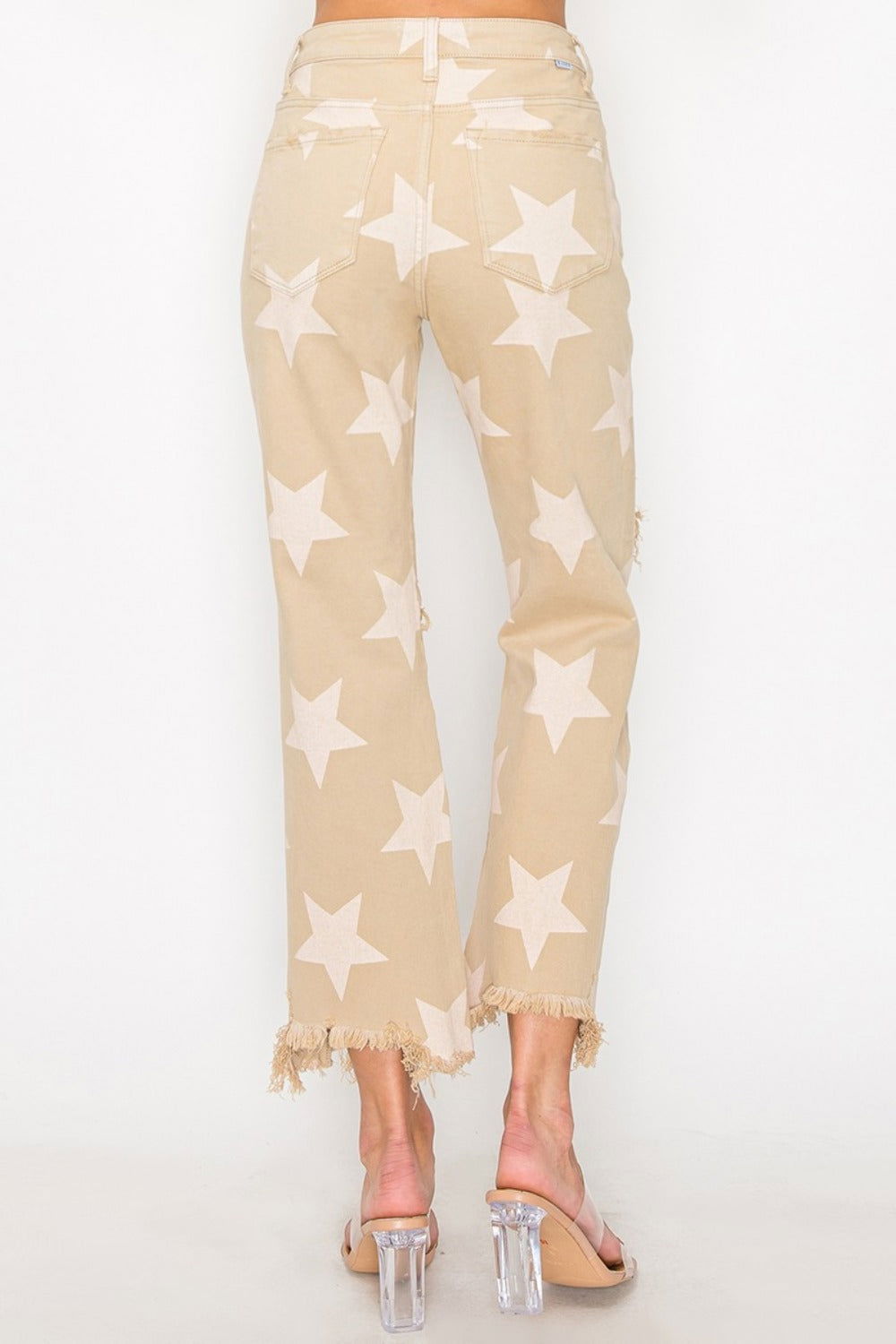 RISEN Full Size High Rise Star Printed Frayed Hem Jeans us.meeeshop - 