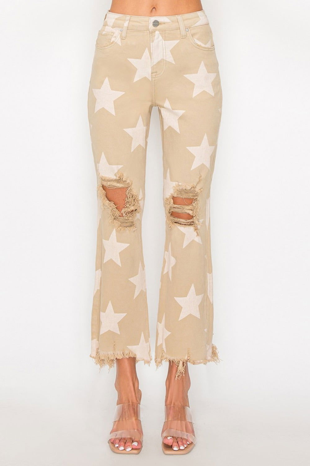 RISEN Full Size High Rise Star Printed Frayed Hem Jeans us.meeeshop - 