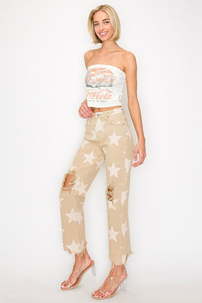 RISEN Full Size High Rise Star Printed Frayed Hem Jeans us.meeeshop - 