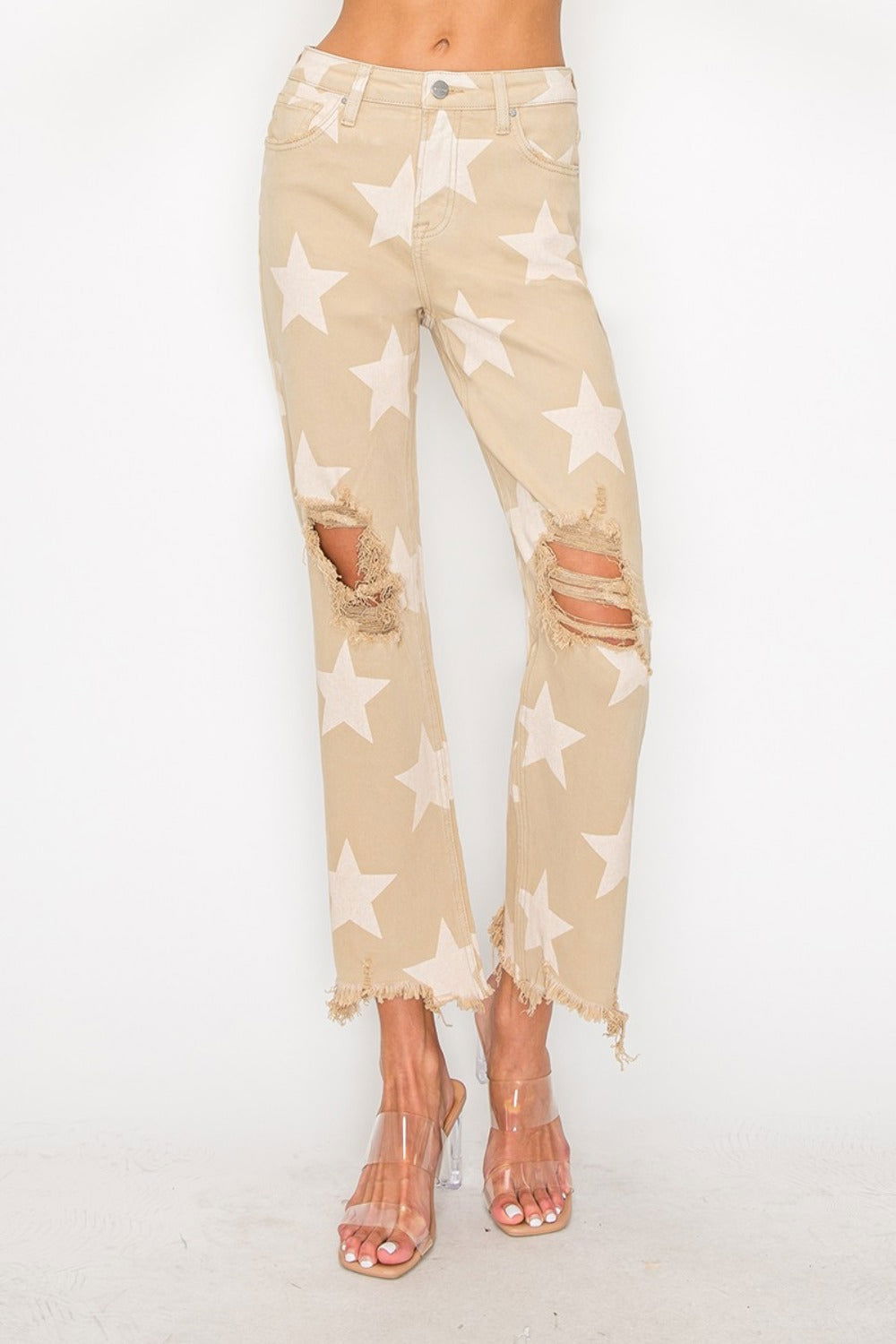 RISEN Full Size High Rise Star Printed Frayed Hem Jeans us.meeeshop - 