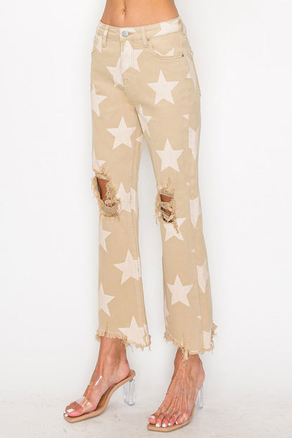 RISEN Full Size High Rise Star Printed Frayed Hem Jeans us.meeeshop - 