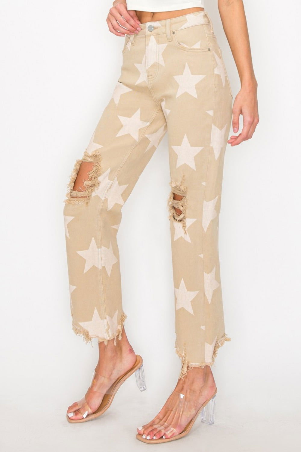 RISEN Full Size High Rise Star Printed Frayed Hem Jeans us.meeeshop - 