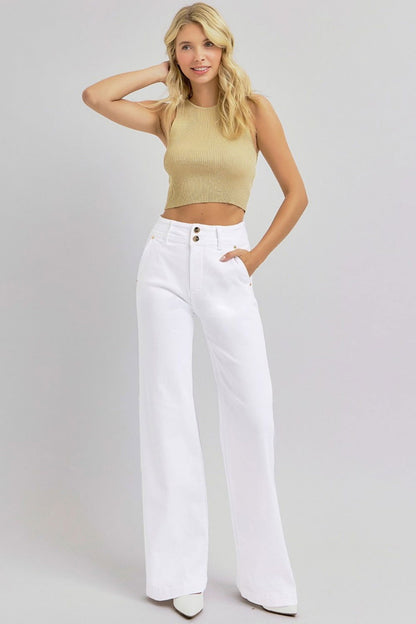 RISEN Full Size Tummy Control Double Button Wide Leg Jeans us.meeeshop - 