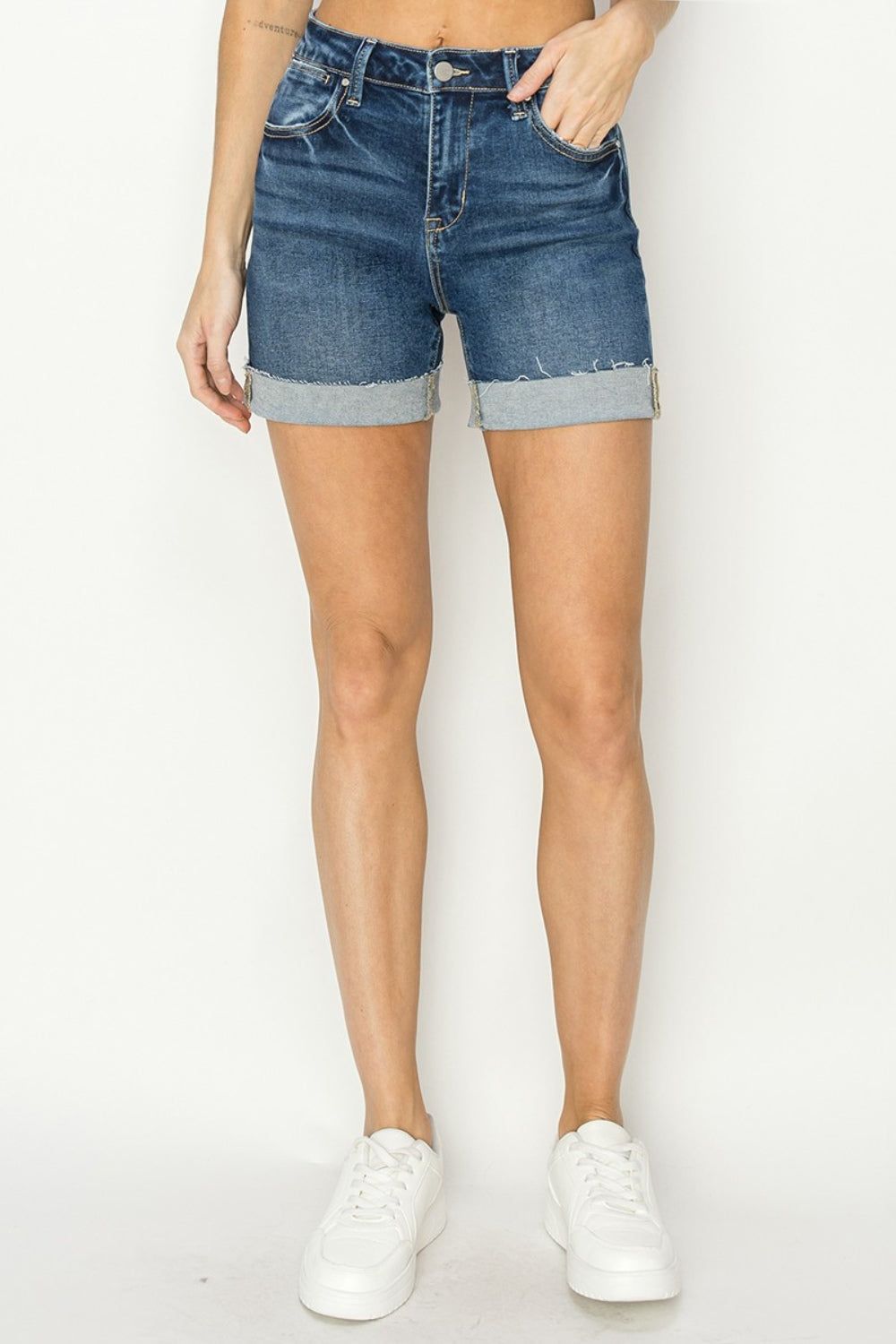 RISEN High Rise Cuffed Denim Shorts us.meeeshop - 