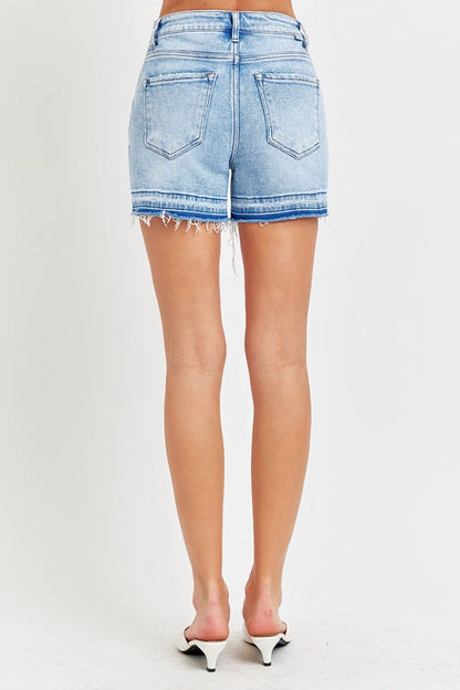 RISEN High Rise Distressed Hem Denim Shorts us.meeeshop - 