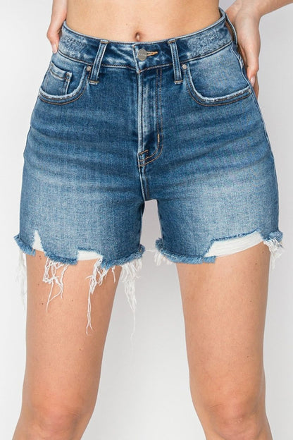 RISEN High Rise Raw Hem Distressed Denim Shorts us.meeeshop - 