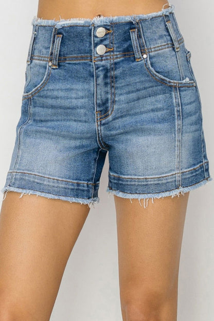 RISEN High Rise Seam Detailed Raw Edge Denim Shorts us.meeeshop - Shorts