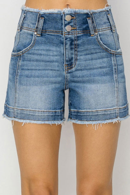 RISEN High Rise Seam Detailed Raw Edge Denim Shorts us.meeeshop - 