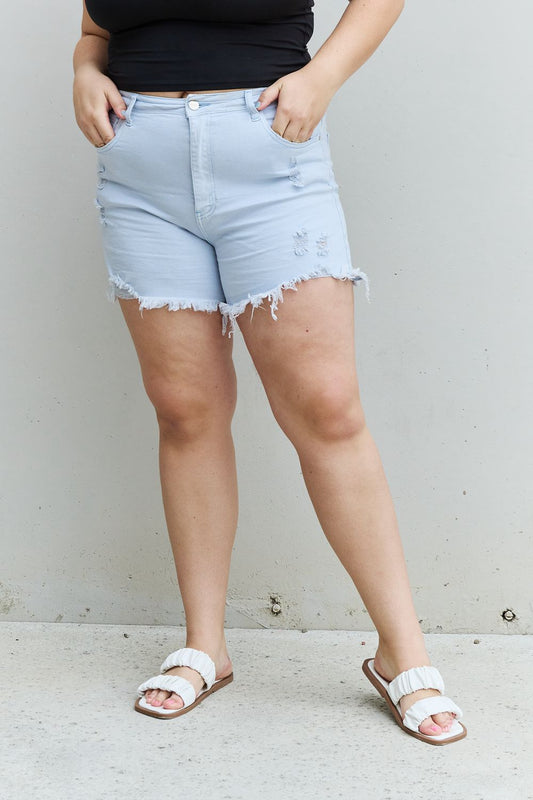 RISEN | Katie Full Size High Waisted Distressed Shorts in Ice Blue | us.meeeshop
