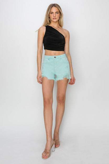 RISEN Mid Waist Frayed Hem Denim Shorts us.meeeshop - 