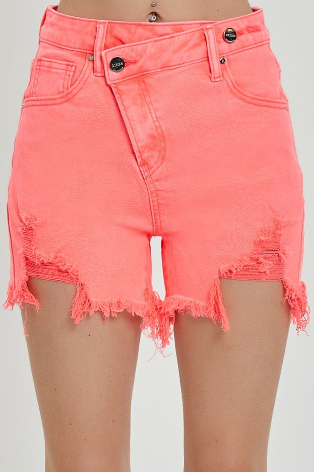 RISEN Raw Hem Asymmetrical Waist Denim Shorts us.meeeshop - Shorts