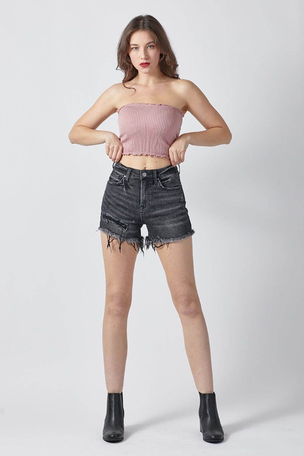 RISEN Raw Hem Denim Shorts with Pockets - us.meeeshop