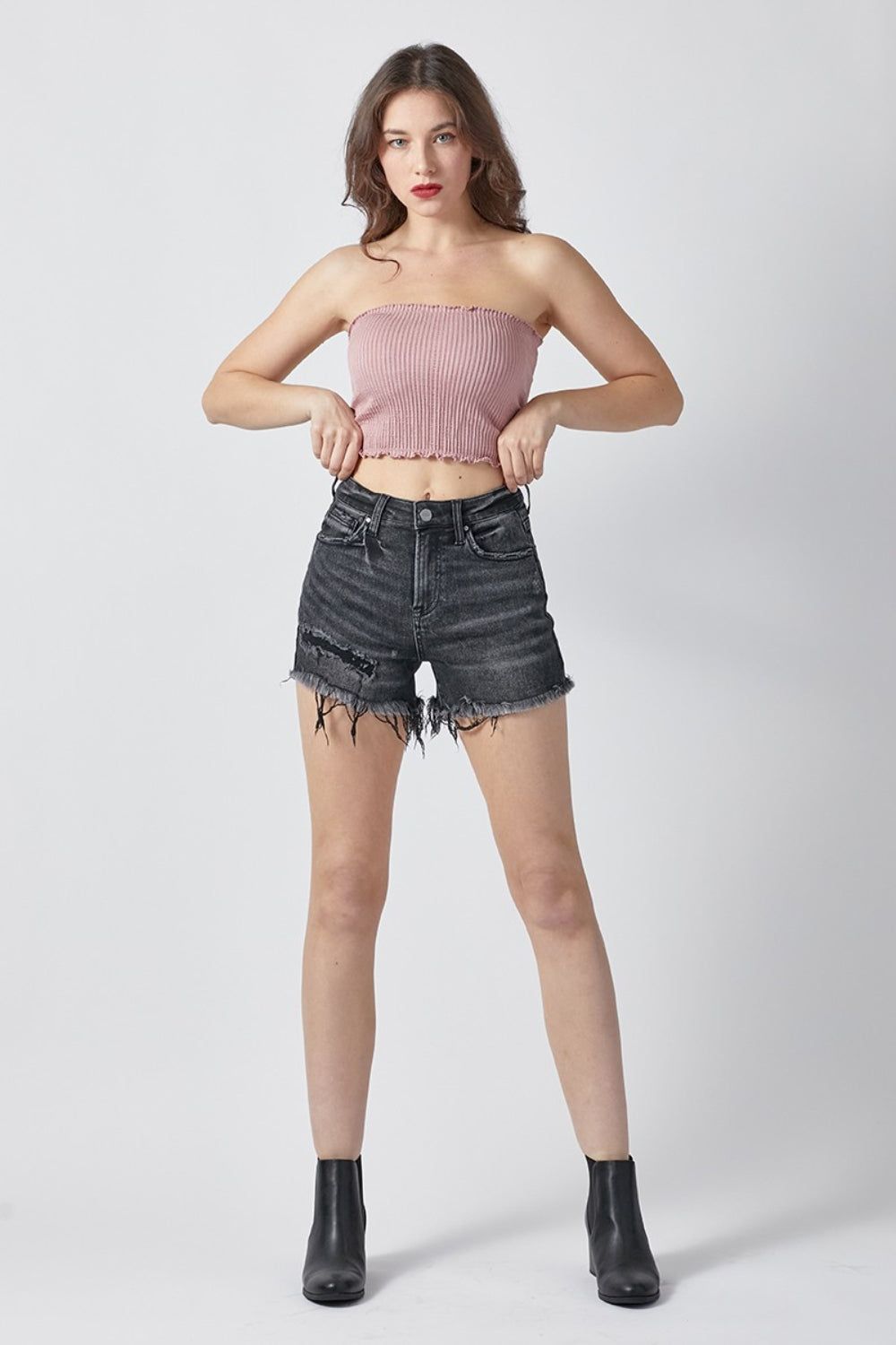 RISEN Raw Hem Denim Shorts with Pockets us.meeeshop - 