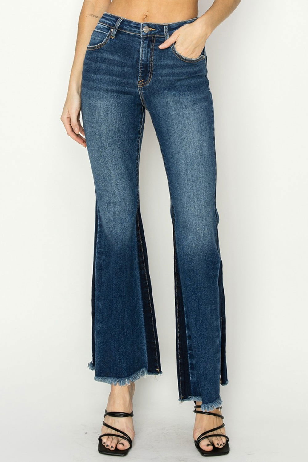 Women's RISEN Full Size High Rise Side Shadow Seam Detail Slit Flare Jeans - us.meeeshop