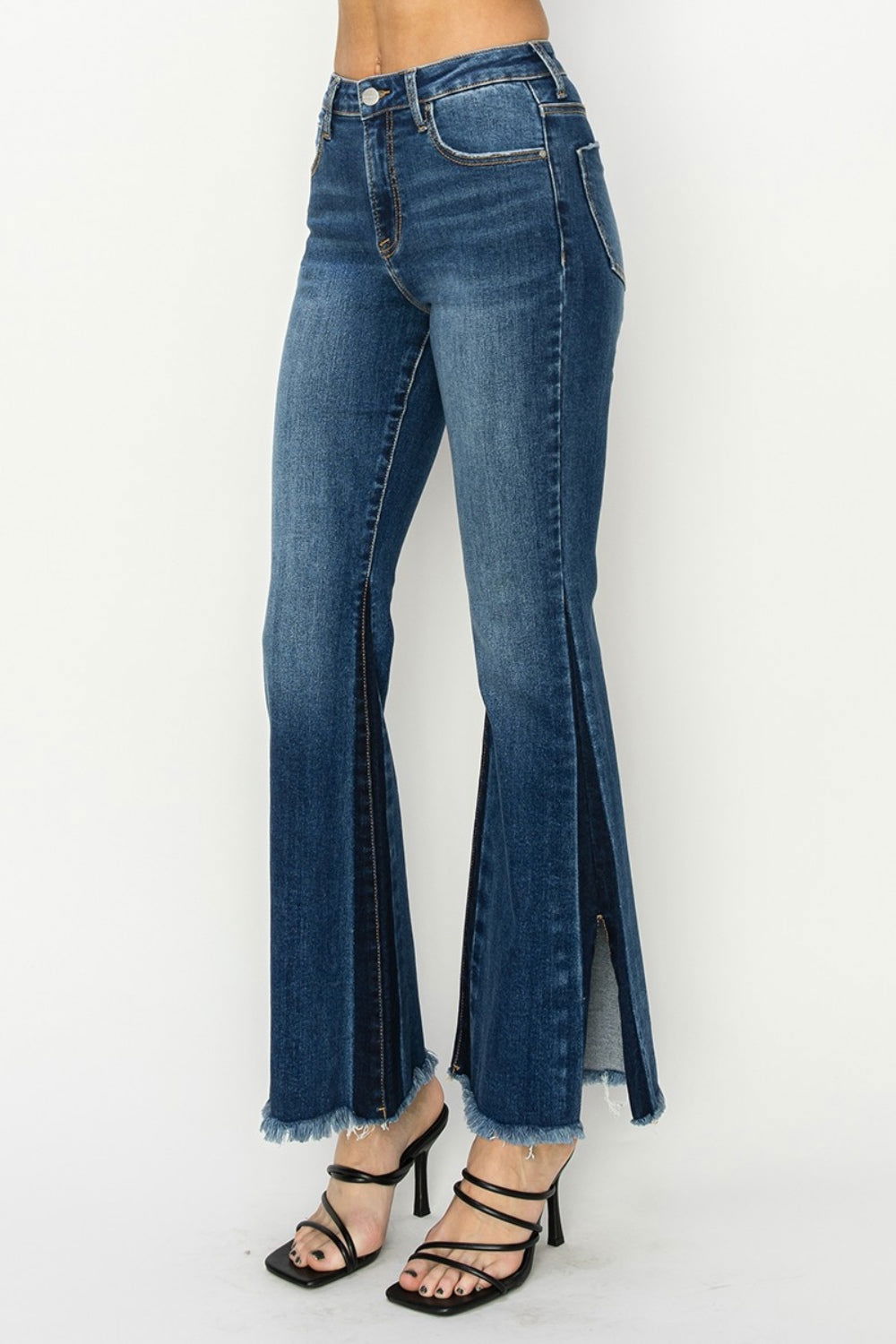 Women's RISEN Full Size High Rise Side Shadow Seam Detail Slit Flare Jeans - us.meeeshop