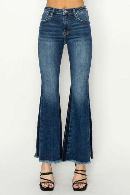 Women's RISEN Full Size High Rise Side Shadow Seam Detail Slit Flare Jeans - us.meeeshop