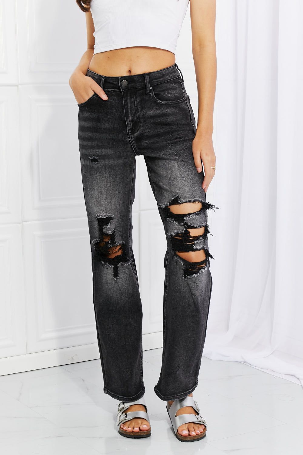 RISEN | Full Size Lois Distressed Loose Fit Jeans - us.meeeshop