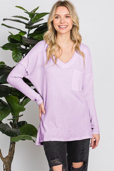 Reborn J Waffle Knit V-Neck Long Sleeve T-Shirt us.meeeshop - Shirts & Tops