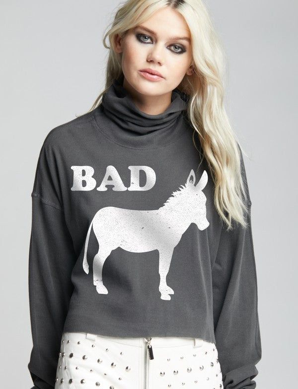 Recycled Karma Bad Donkey Cropped Turtle Neck Tee - Vintage Black us.meeeshop - 