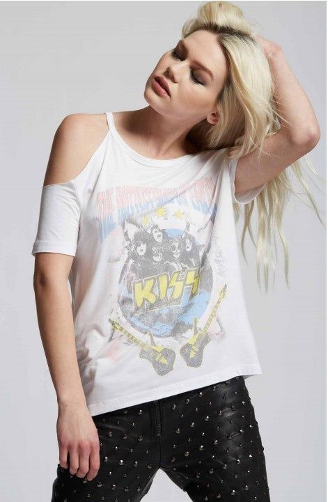 Recycled Karma Kiss the Hottest Show On Earth Cold Shoulder Tee us.meeeshop - 