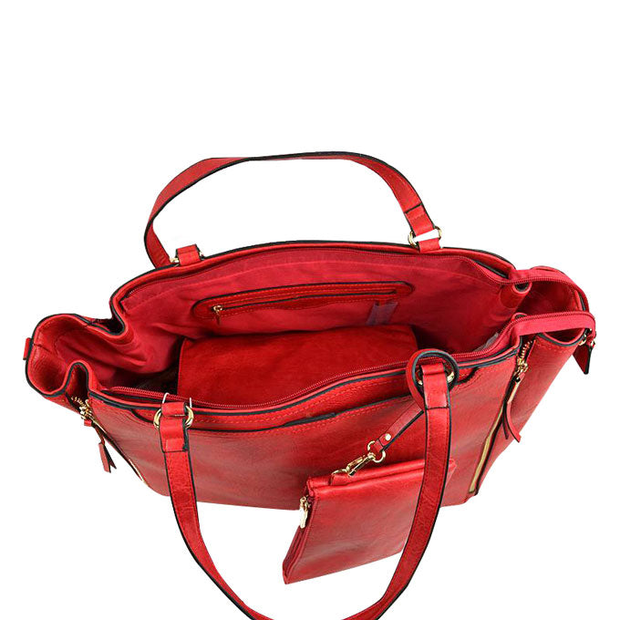 3 in 1 Side Zipper Women's Tote Handbag Set in Red view 9 - Zipper Women'S Tote Handbags (one-piece)
