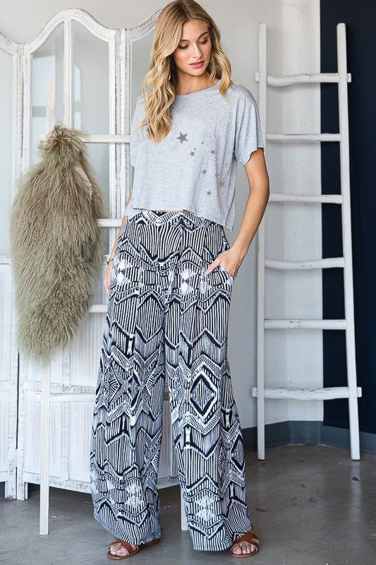 Retro Vintage Print Wide Pants With Pocekts Plus us.meeeshop - Pants